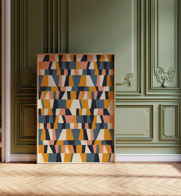 Striking RAINBOW BLUE MUSTARD XIV, ABSTRACT PAINTINGS by Ana Rut Bre enhances any space with vibrant geometric shapes.