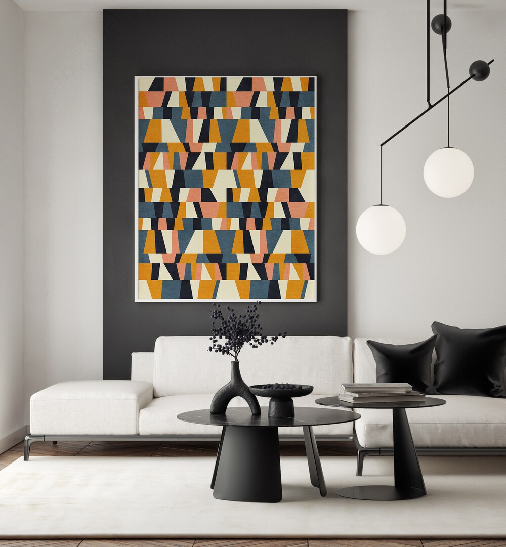 Abstract artwork RAINBOW BLUE MUSTARD XIV by Ana Rut Bre enhances modern spaces with vibrant colors and unique shapes.