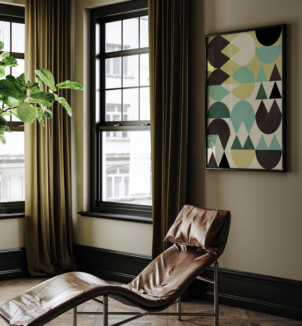 Stylish interior featuring RAINBOW PLUS SHAPES VI, ABSTRACT PAINTINGS by Ana Rut Bre, enhancing modern decor.