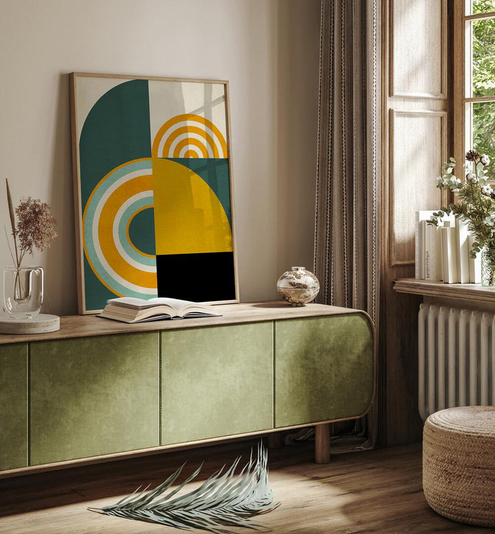 Vibrant interior featuring RAINBOW PLUS SHAPES VIII, ABSTRACT PAINTINGS by Ana Rut Bre, enhancing modern decor.