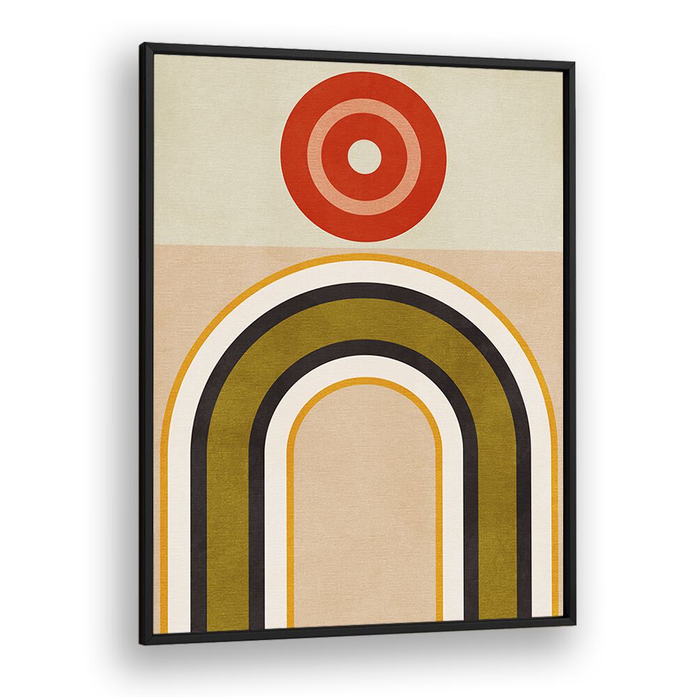 Vibrant RAINBOW SUNS IX, ABSTRACT PAINTINGS by Ana Rut Bre, showcasing striking shapes in a chic black frame.