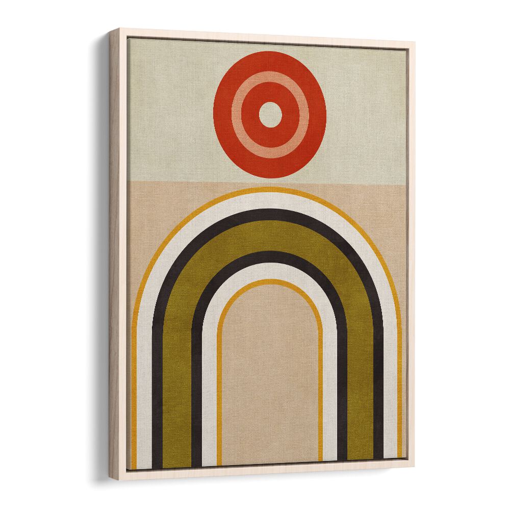 Vibrant RAINBOW SUNS IX, ABSTRACT PAINTINGS by Ana Rut Bre, featuring bold shapes in a stylish oak floater frame.