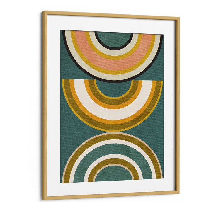 Colorful abstract art, "RAINBOW SUNS V KOPIE , ABSTRACT PAINTINGS" by Ana Rut Bre in a stylish oak frame.