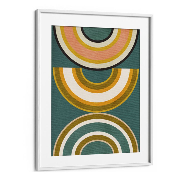 Colorful abstract art, "RAINBOW SUNS V KOPIE, ABSTRACT PAINTINGS," by Ana Rut Bre, framed elegantly for modern decor.