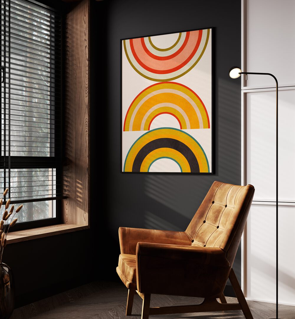 Bright and colorful RAINBOW SUNS VI, ABSTRACT PAINTINGS by Ana Rut Bre enhance any modern space with vibrant art.