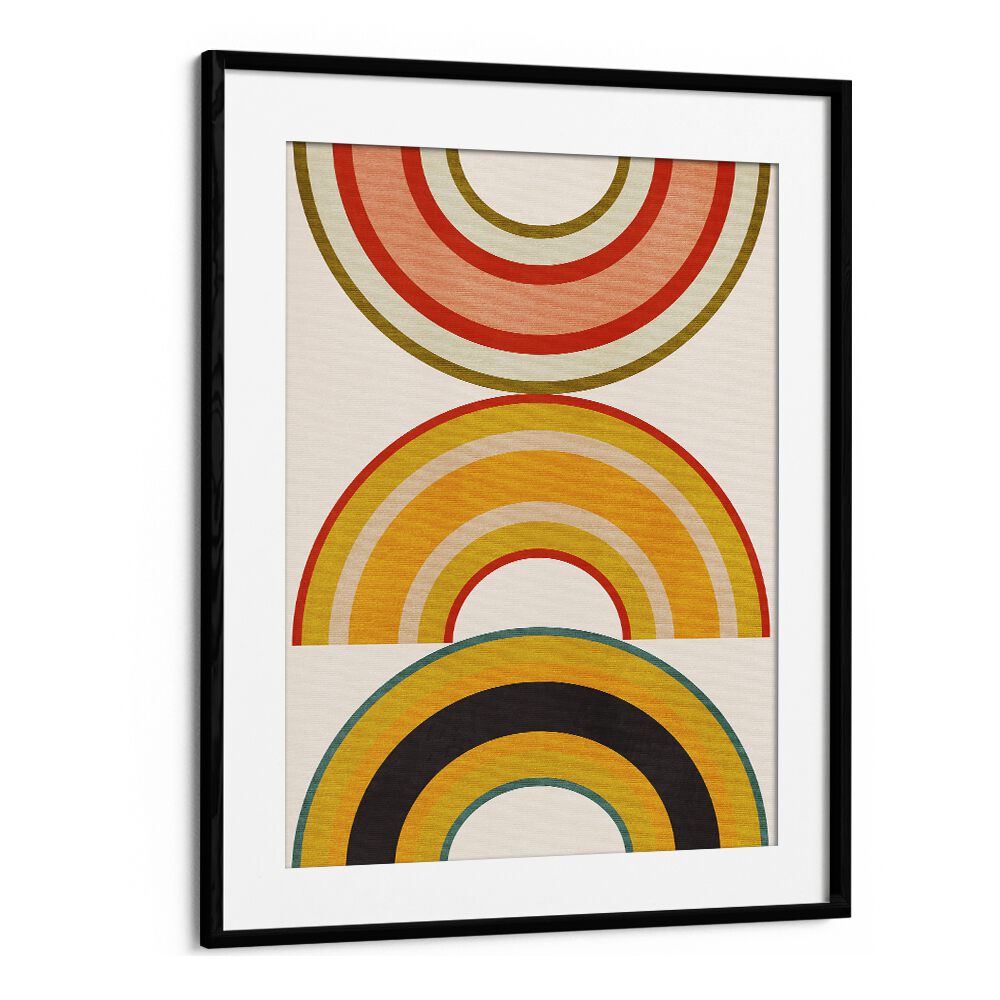 Colorful abstract art piece "RAINBOW SUNS VI, ABSTRACT PAINTINGS" by Ana Rut Bre in a sleek black frame.