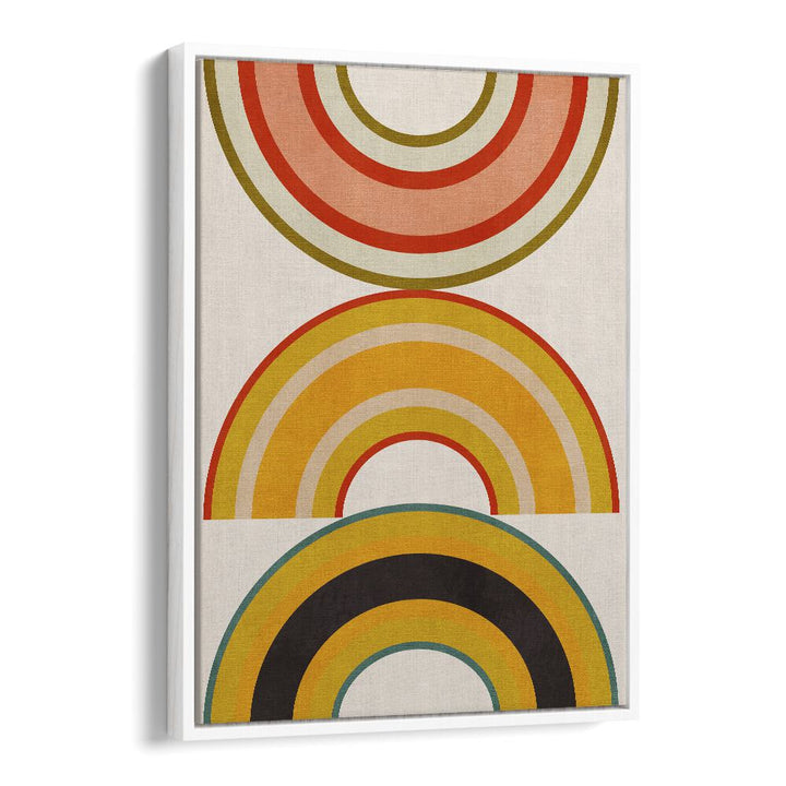 Vibrant RAINBOW SUNS VI, ABSTRACT PAINTINGS by Ana Rut Bre, showcasing colorful concentric circles in a modern frame.