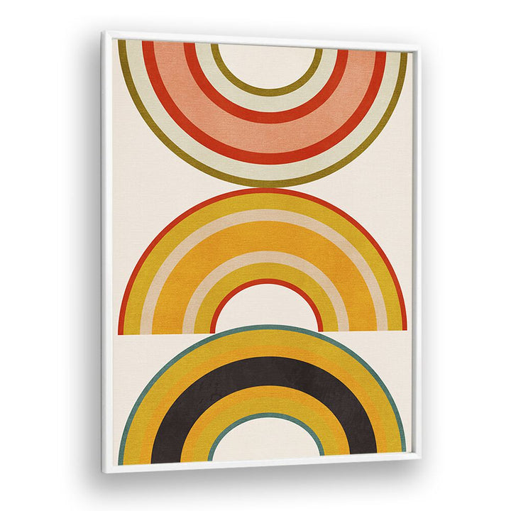 Vibrant RAINBOW SUNS VI, ABSTRACT PAINTINGS by Ana Rut Bre, showcasing bold colors in a sleek white frame.