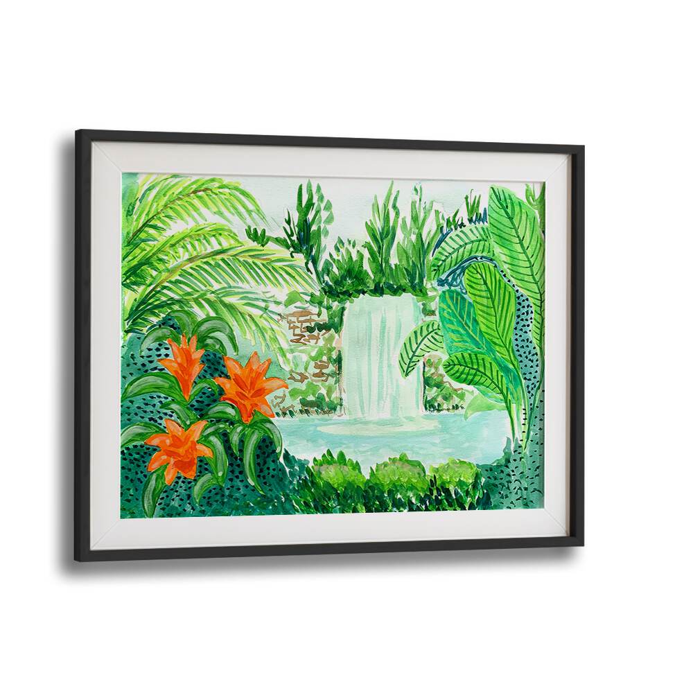 Vibrant RAINFOREST, LANDSCAPE PAINTINGS by Key and Sea Creative, featuring a tranquil waterfall and lush greenery.