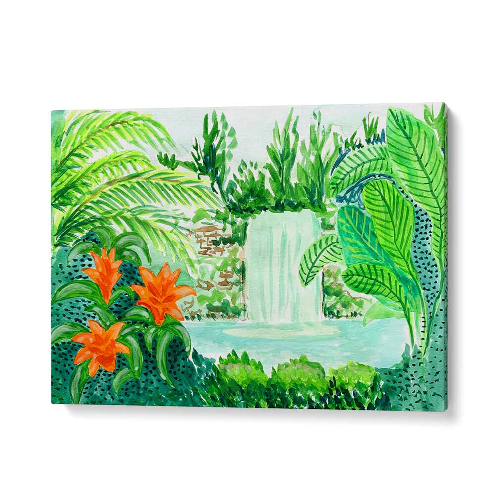 Vibrant RAINFOREST, LANDSCAPE PAINTINGS by Key and Sea Creative showcase lush greenery and a serene waterfall.