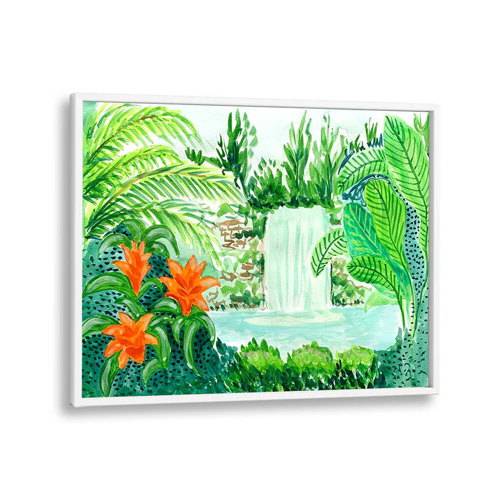 Vibrant RAINFOREST, LANDSCAPE PAINTINGS by Key and Sea Creative, featuring lush greenery and a serene waterfall scene.