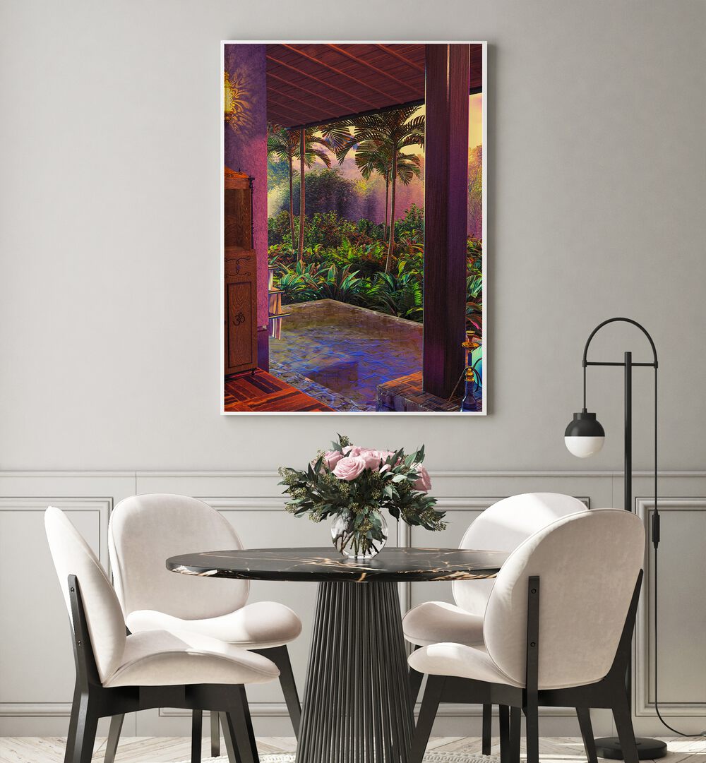 Transform your space with the RAINFOREST POOL, SURREAL ART PRINTS by Cosmo Zach, showcasing vibrant tropical scenery.