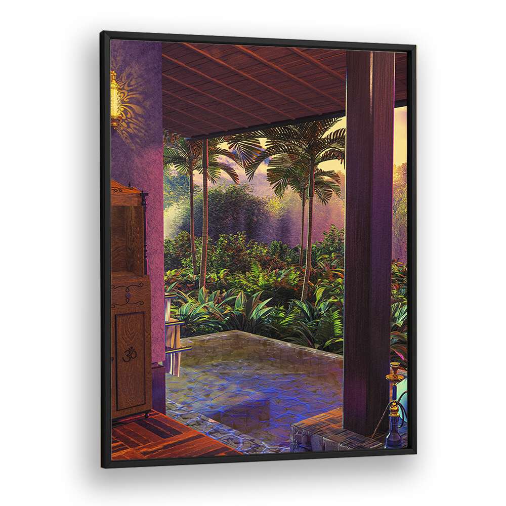 Transform your space with the RAINFOREST POOL, SURREAL ART PRINTS by Cosmo Zach, featuring lush tropical scenery.