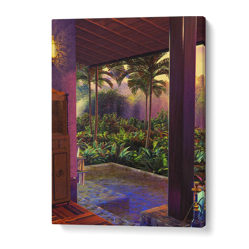 Transform your space with Cosmo Zach's RAINFOREST POOL, SURREAL ART PRINTS featuring lush greenery and serene water.
