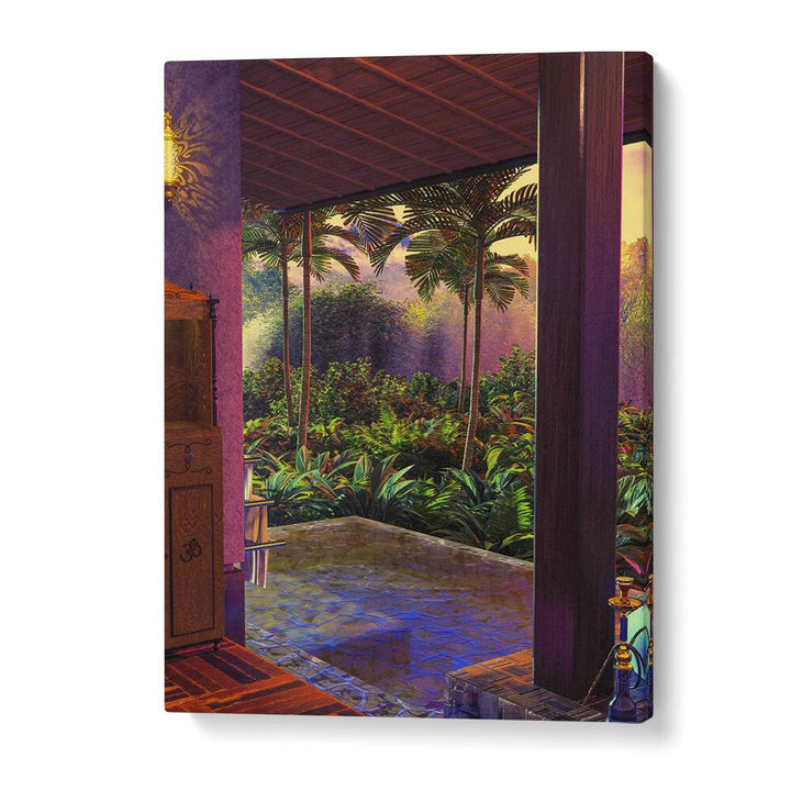 Transform your space with Cosmo Zach's RAINFOREST POOL, SURREAL ART PRINTS featuring lush greenery and serene water.