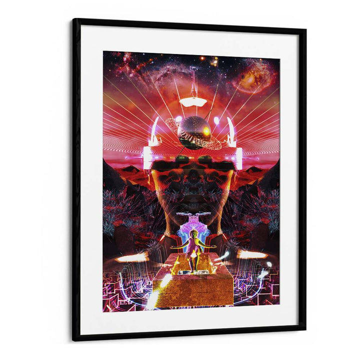 Modern REBIRTH, SURREAL ART PRINTS by Cosmo Zach, showcasing vibrant surrealism in a sleek black frame.