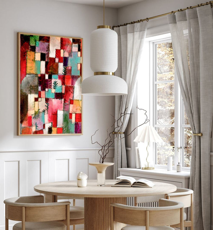 Red Green And Violet–yellow Rhythms 1920 Vintage Paintings in Oak Wood Plain Frame placed on a wall behind a dining table and beside a window for dining area