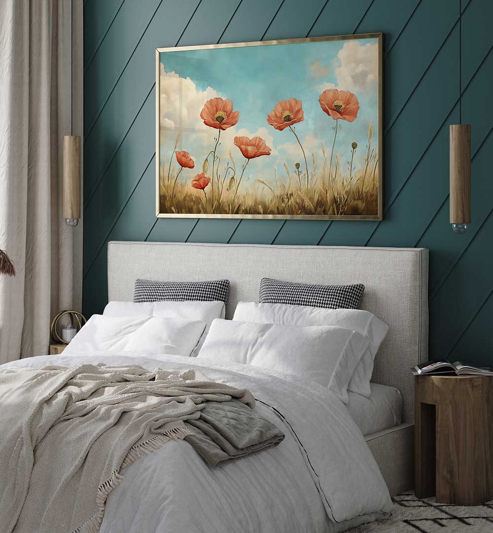 RED POPPIES SWAYING , FLORAL FLOWER PAINTINGS