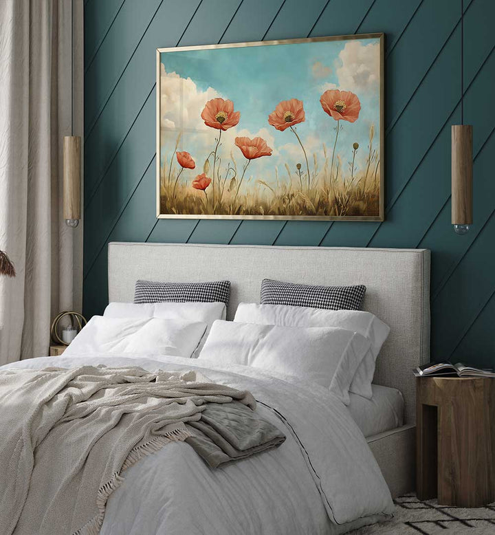 RED POPPIES SWAYING , FLORAL FLOWER PAINTINGS