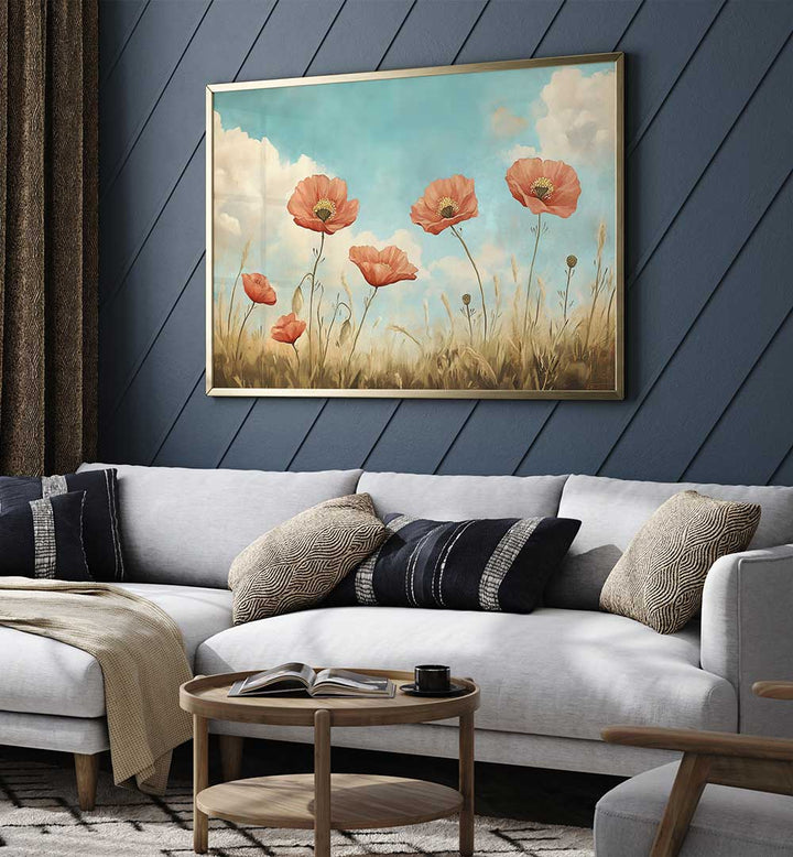 RED POPPIES SWAYING , FLORAL FLOWER PAINTINGS
