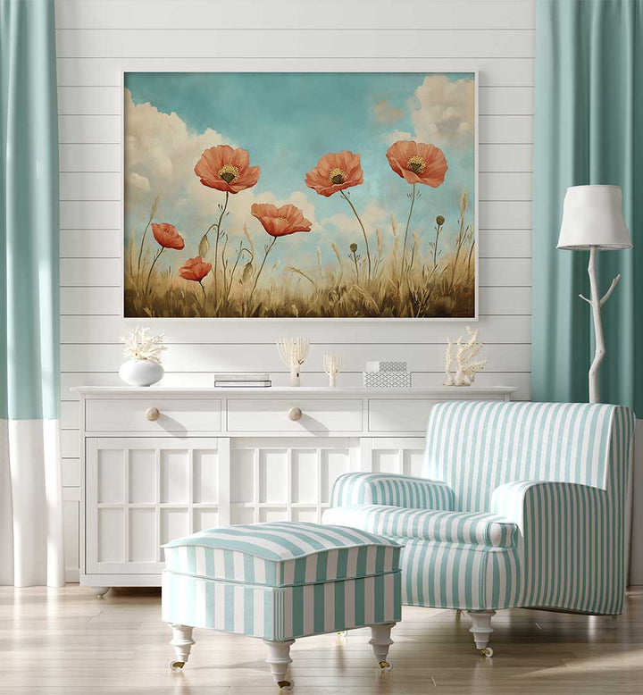RED POPPIES SWAYING , FLORAL FLOWER PAINTINGS