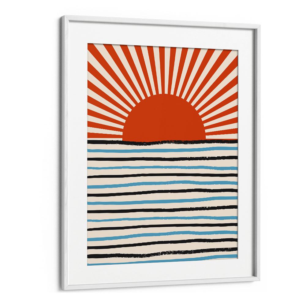 Framed RED SUN AND SEA , LANDSCAPE PAINTINGS featuring a vibrant sun rising over calm waters, perfect for home decor.
