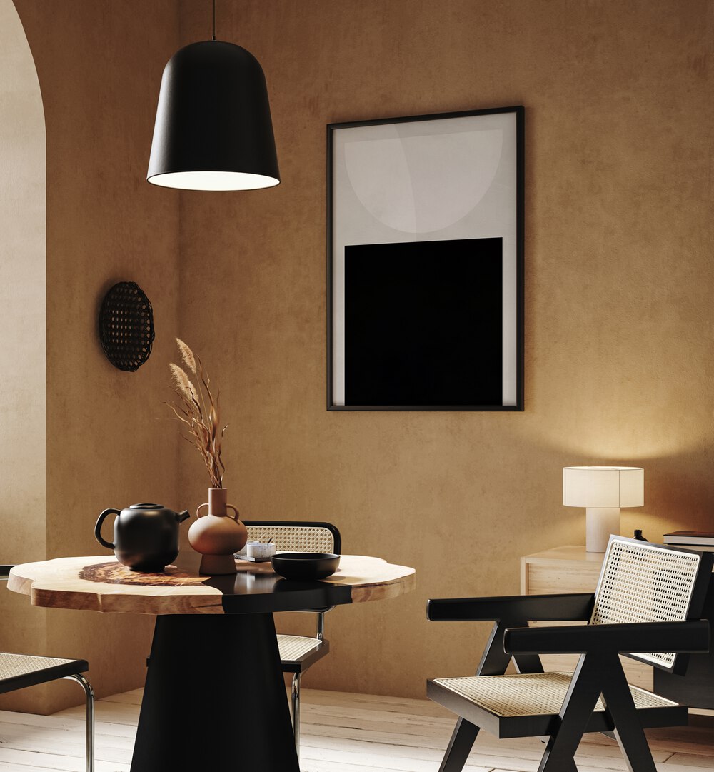 Modern living space featuring "REDUCTION II, ABSTRACT PAINTINGS" by Ana Rut Bre, enhancing artistic ambiance.