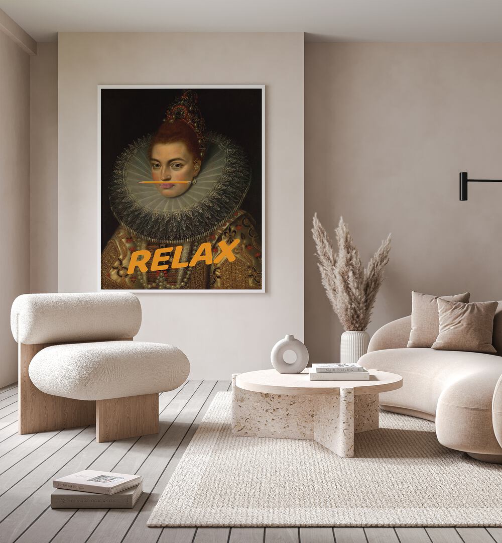 Stylish living room featuring RELAX, ALTERED ART PRINTS that elevate your space with unique artistic flair.