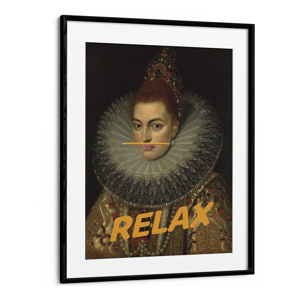 Captivating RELAX, ALTERED ART PRINTS in a black frame, transforming your space with unique artistic flair.