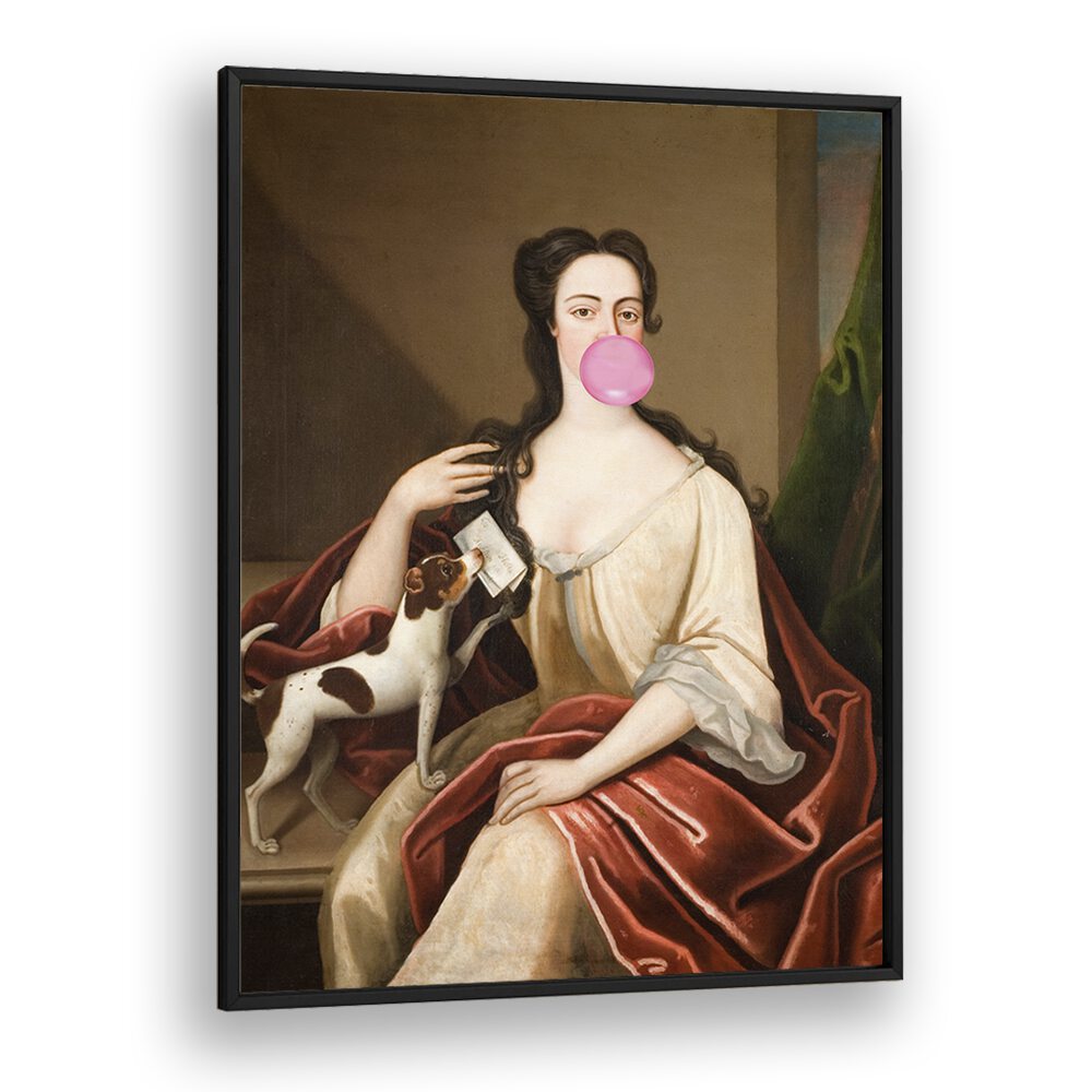 Renaissance, altered art prints featuring a woman with bubble gum and a dog, by The Art Concept in a sleek black frame.