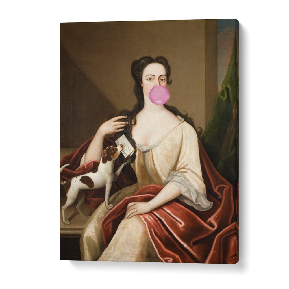 Renaissance altered art prints showcase a woman with bubble gum and a dog, blending classic and contemporary styles.