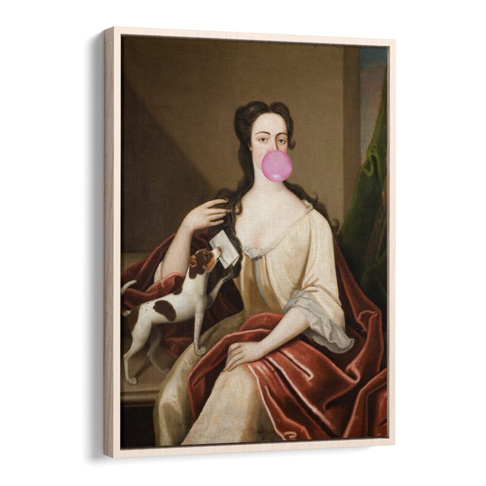 Renaissance altered art prints featuring a woman with bubble gum and a dog, by The Art Concept in a floater frame.