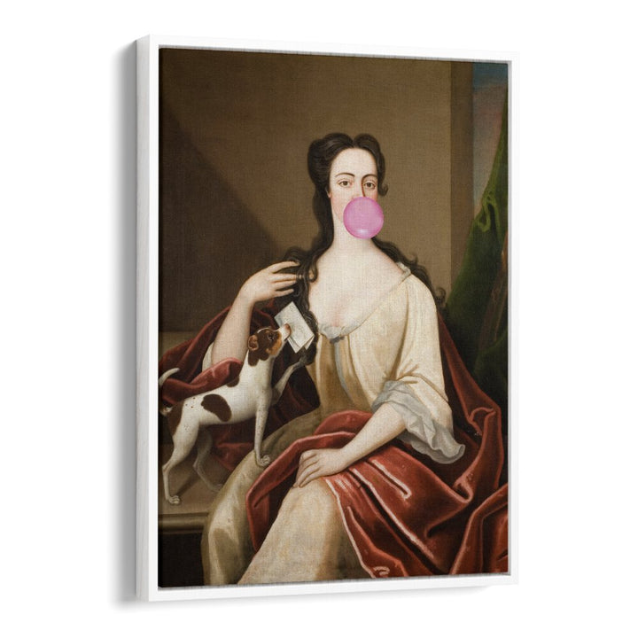 Renaissance, altered art prints featuring a woman blowing bubble gum with a dog, by The Art Concept.
