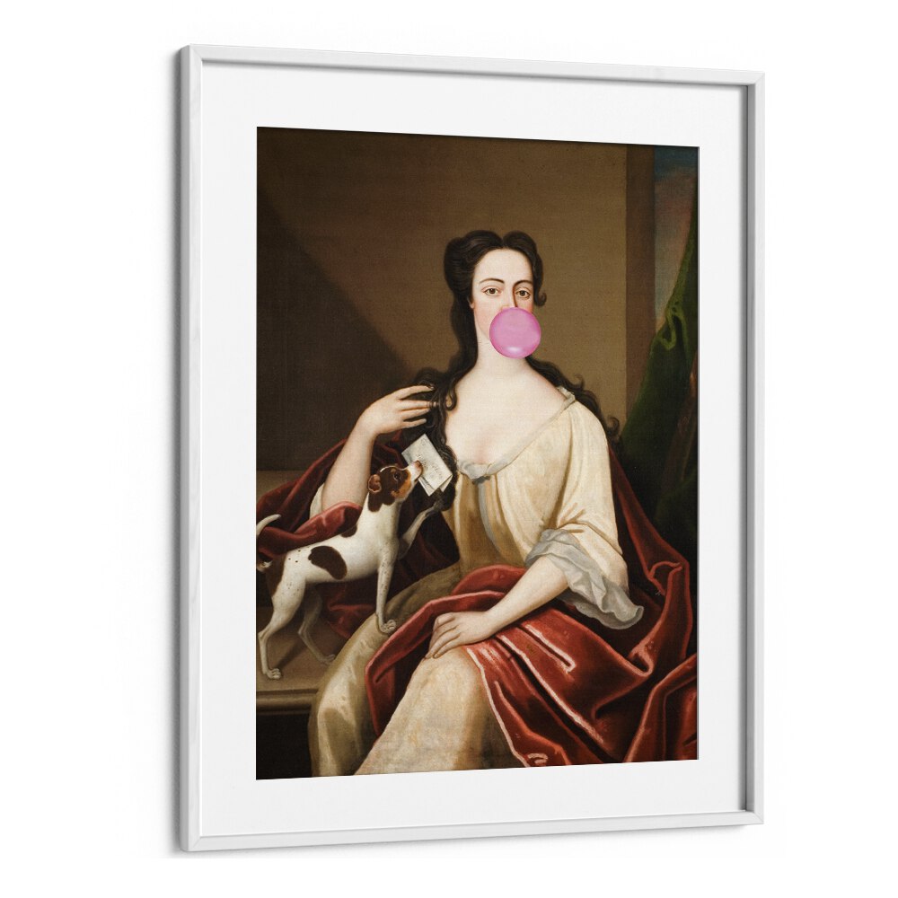 Renaissance, altered art prints featuring a bubble gum portrait and dog, elegantly framed by The Art Concept.