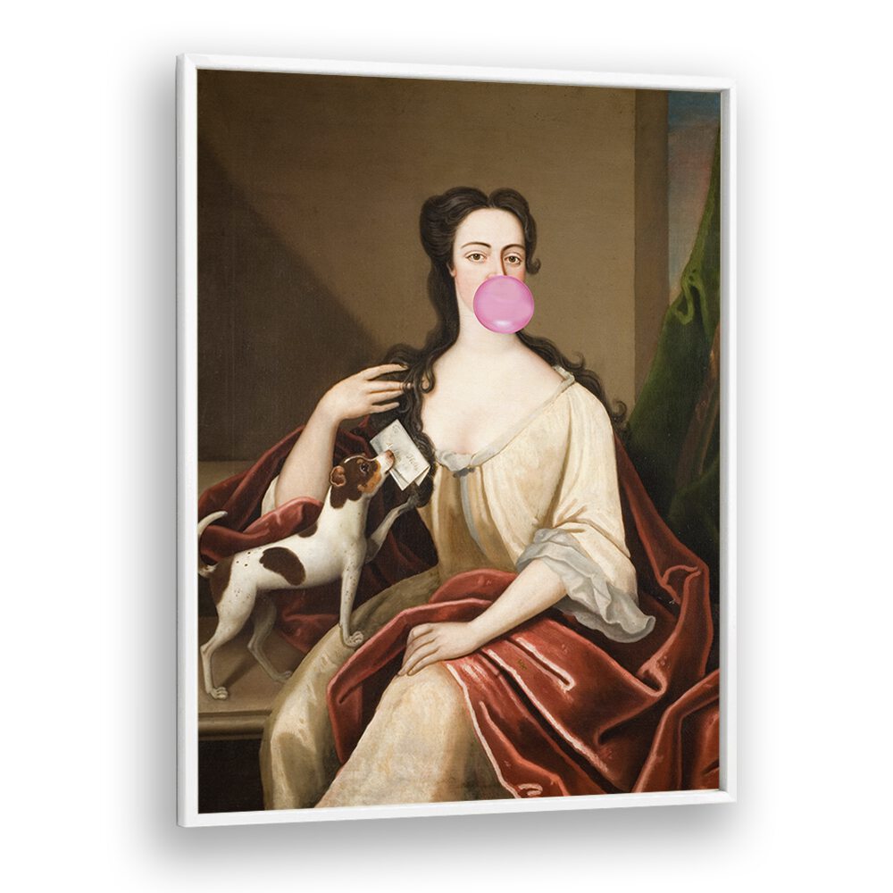 Renaissance altered art prints feature a whimsical portrait of a woman blowing bubble gum with a playful dog.