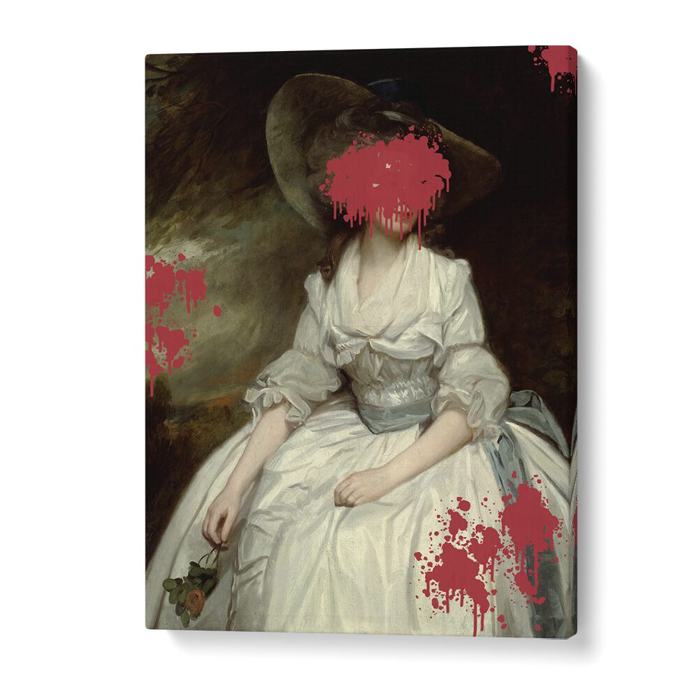 Renaissance Red Splash, altered art prints by The Art Concept, feature vibrant red splashes on a classic portrait.