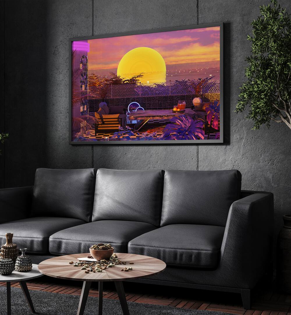 Vibrant RETRO FUTURISM SUNSET landscape painting by Cosmo Zach, perfect for modern art lovers and unique decor.
