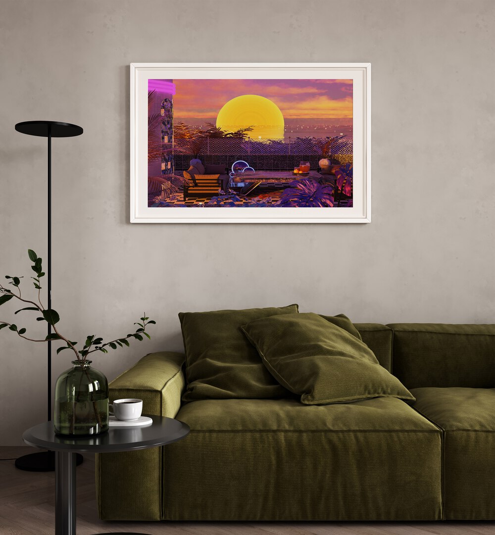 Stunning RETRO FUTURISM SUNSET, LANDSCAPE PAINTINGS by Cosmo Zach, blending vibrant colors and surreal design.