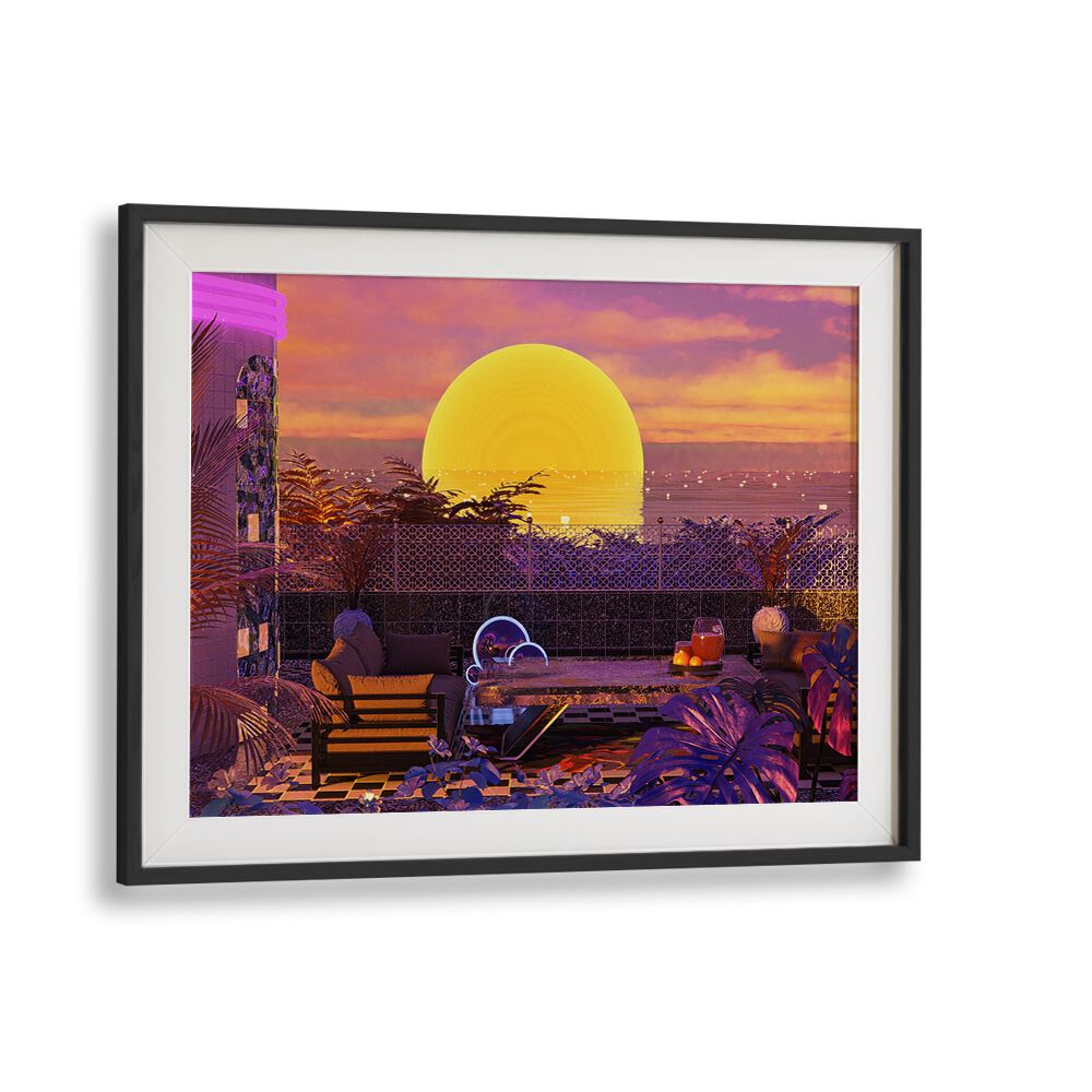 Vibrant RETRO FUTURISM SUNSET landscape painting by Cosmo Zach, blending surreal art with modern design.