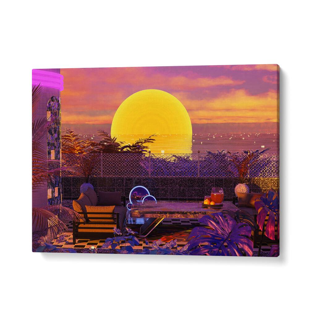 Vibrant RETRO FUTURISM SUNSET landscape painting by Cosmo Zach, blending surreal art with modern design.