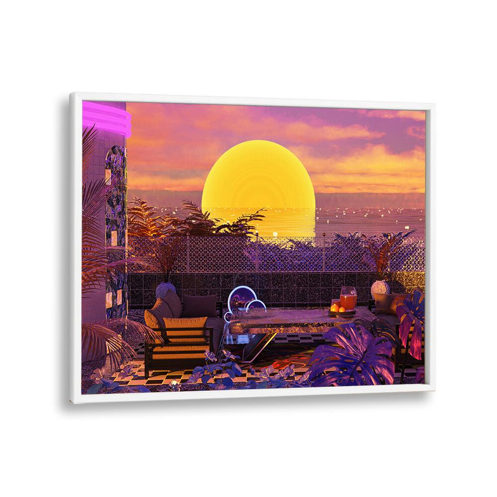 Vibrant RETRO FUTURISM SUNSET landscape painting by Cosmo Zach, showcasing surreal art and modern design elegance.
