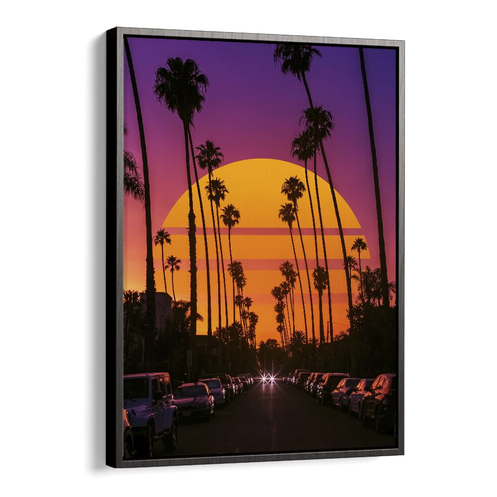 Colorful RETRO SUNSET, SURREAL ART PRINTS featuring palm trees and vibrant hues by Ritvik Takkar in a floater frame.
