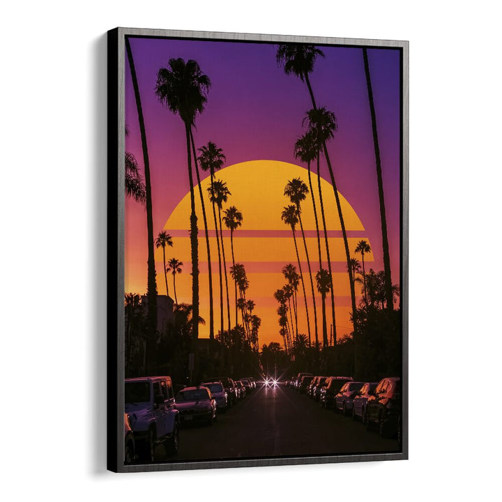 Colorful RETRO SUNSET, SURREAL ART PRINTS featuring palm trees and vibrant hues by Ritvik Takkar in a floater frame.