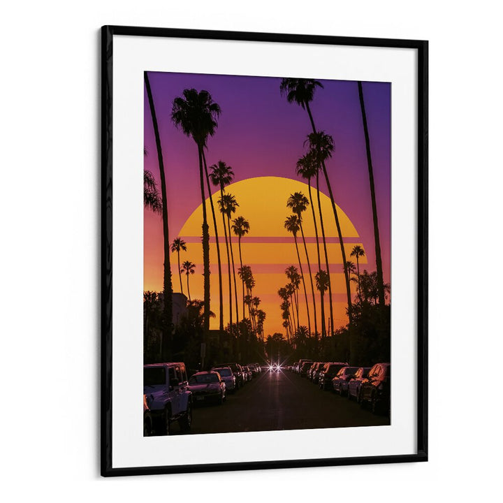 Discover the vibrant "RETRO SUNSET, SURREAL ART PRINTS" by Ritvik Takkar, framed beautifully for your space.