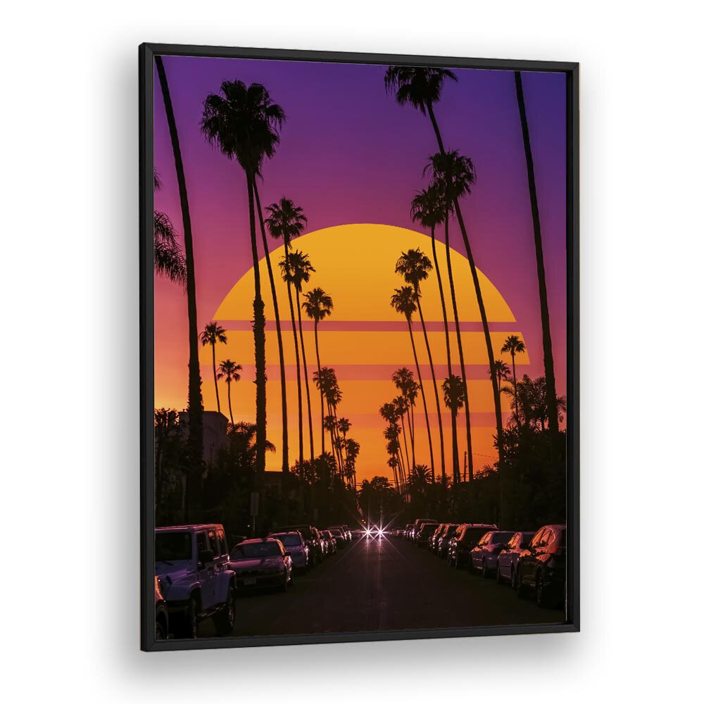 Vibrant RETRO SUNSET, SURREAL ART PRINTS by Ritvik Takkar captures enchanting colors and palm silhouettes.