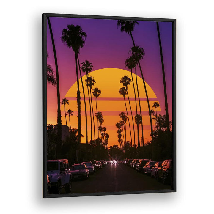 Vibrant RETRO SUNSET, SURREAL ART PRINTS by Ritvik Takkar captures enchanting colors and palm silhouettes.