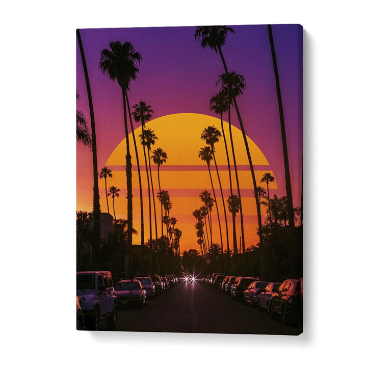 Vibrant RETRO SUNSET , SURREAL ART PRINTS with palm trees, capturing the enchanting allure of Ritvik Takkar's art.