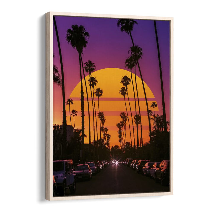 Explore the stunning RETRO SUNSET, SURREAL ART PRINTS by Ritvik Takkar, featuring vibrant colors and palm silhouettes.