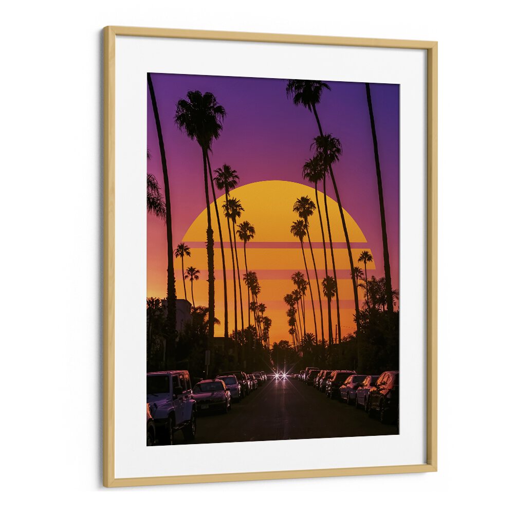 Vibrant RETRO SUNSET, SURREAL ART PRINTS by Ritvik Takkar, framed in oak, perfect for art lovers.