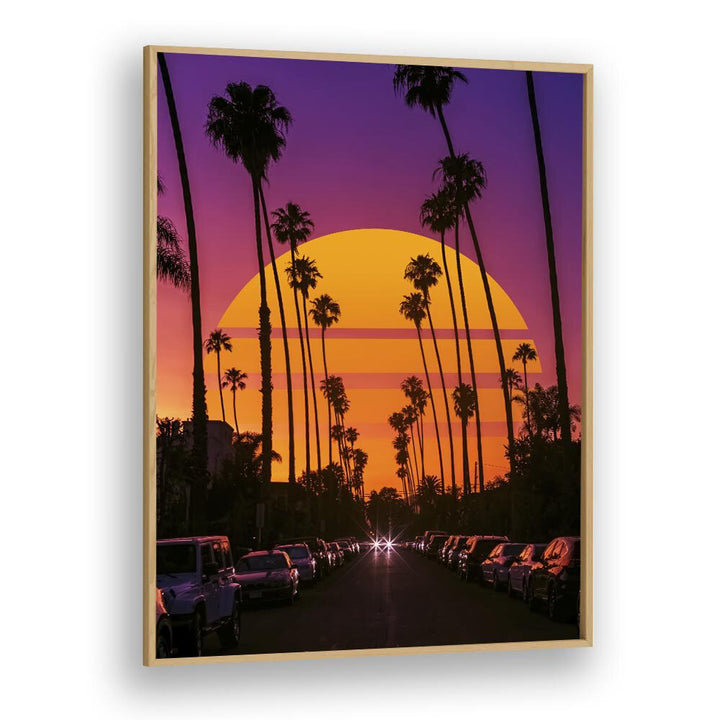 Stunning RETRO SUNSET, SURREAL ART PRINTS by Ritvik Takkar, featuring vibrant colors and palm trees in urban scenery.